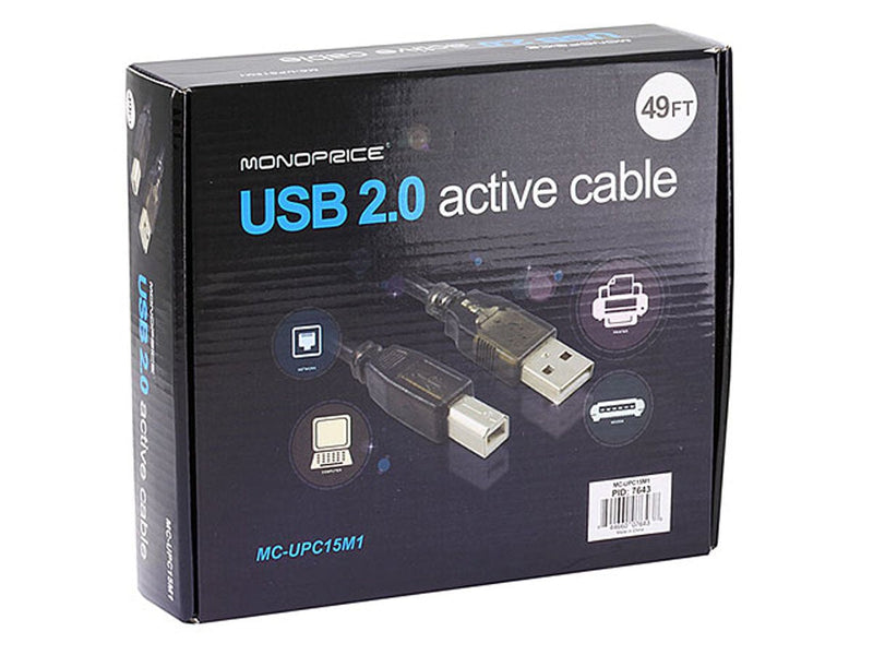  [AUSTRALIA] - Monoprice USB-A to USB-B 2.0 Cable - Active 28/24AWG Black 49ft 49 Feet