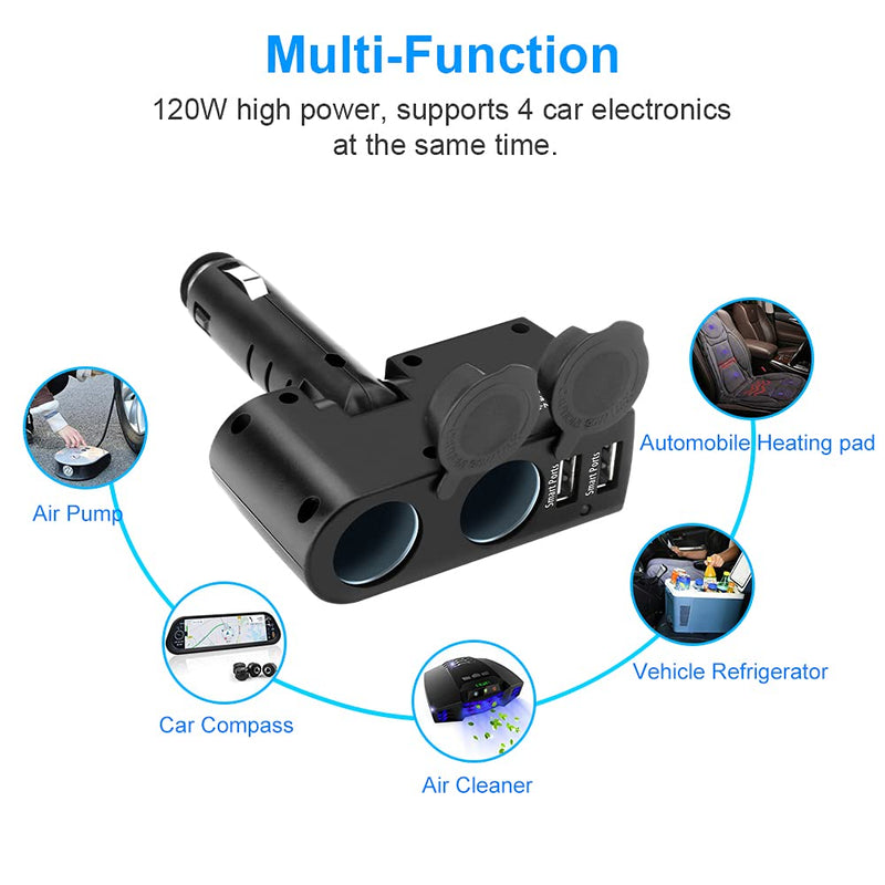  [AUSTRALIA] - Rocketek 2-Socket Car Splitter Cigarette Lighter Adapter 4 in 1 Multi Power Outlet 12/24V 90W with 3.1A 2 USB Car Charger Adapter, Cigarette Lighter Splitter Adapter for iPhone Pad Phone Tablet GPS 2 sockets