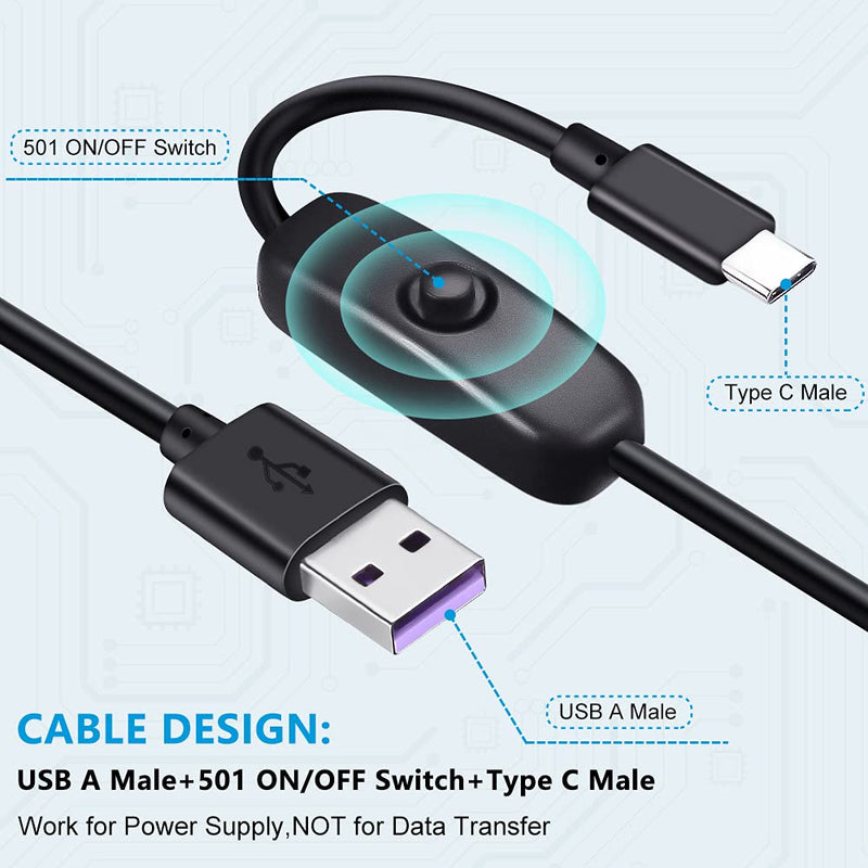  [AUSTRALIA] - USB Charging Switch Cable, Electop USB A to USB C,USB Type C Fast Charge Cable with ON/Off Switch,Compatible with Raspberry Pi 4 B, USB Desk Lamp/Fan, LED Strip String, Easy Start/Reboot(2 Pack)