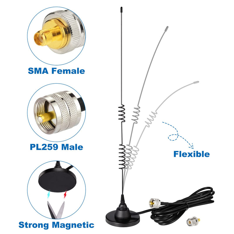  [AUSTRALIA] - Bingfu Mobile Ham Radio Antenna Dual Band VHF UHF 136-174MHz 400-520MHz Amateur Radio Antenna Magnetic Base PL259 Male Antenna for BTECH ICOM Kenwood Midland Yaesu TYT AnyTone Mobile Ham Radio