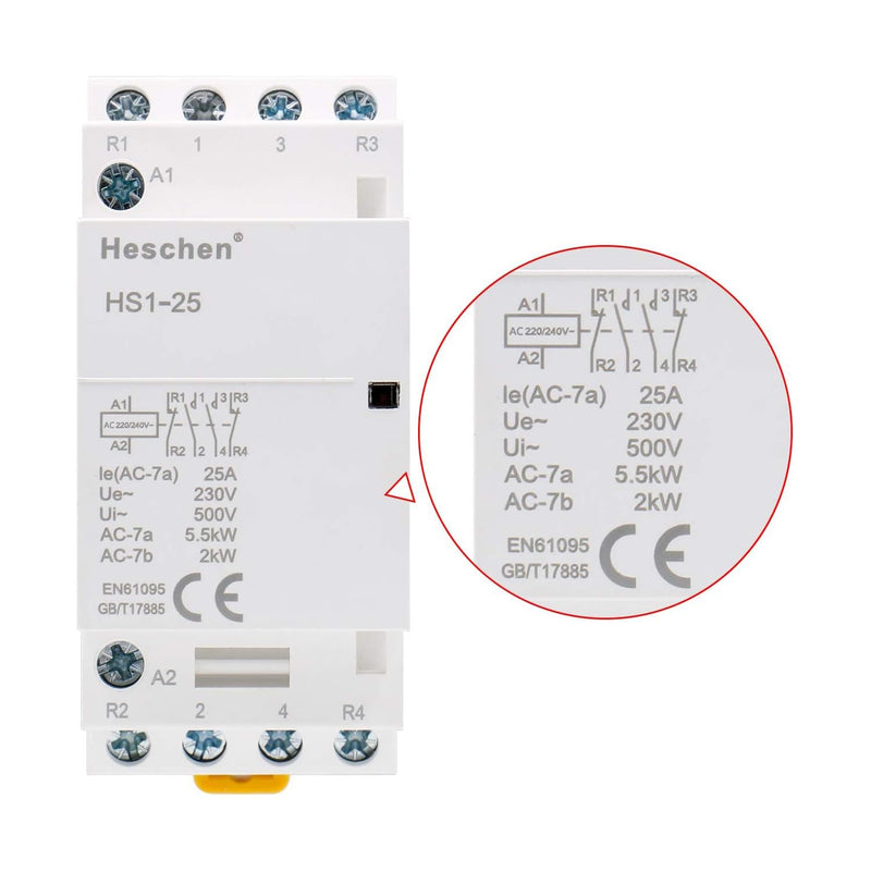  [AUSTRALIA] - Heschen Household AC Contactor HS1-25 4 Pin 2NO 2NC AC 220V/240V Coil Voltage 35mm DIN Rail Mount