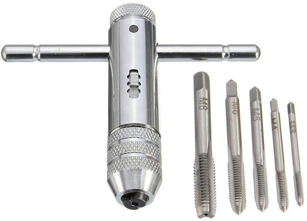  [AUSTRALIA] - Rocaris Adjustable T-Handle Ratchet Tap Holder Wrench + 5pcs M3-M8 Machine Screw Thread Metric Plug Tap