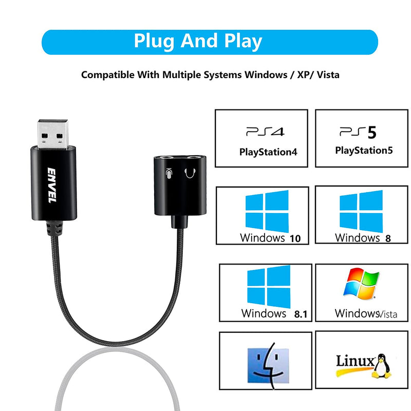  [AUSTRALIA] - ENVEL USB to 3.5mm Audio Adapter,External Stereo Sound Card with Dual TRS 3-Pole 3.5mm Headphone and Microphone Jack for PS4/PS5/PC/Laptop, Built-in Chip Mic-Supported Headphone Adapter (Black Pro) Black Pro
