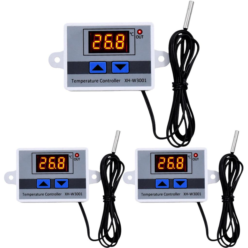  [AUSTRALIA] - Pack of 3 digital temperature controller: XH-W3001 digital thermostat with sensor, waterproof probe, AC110V-220V temperature switch, LCD display, heating, cooling