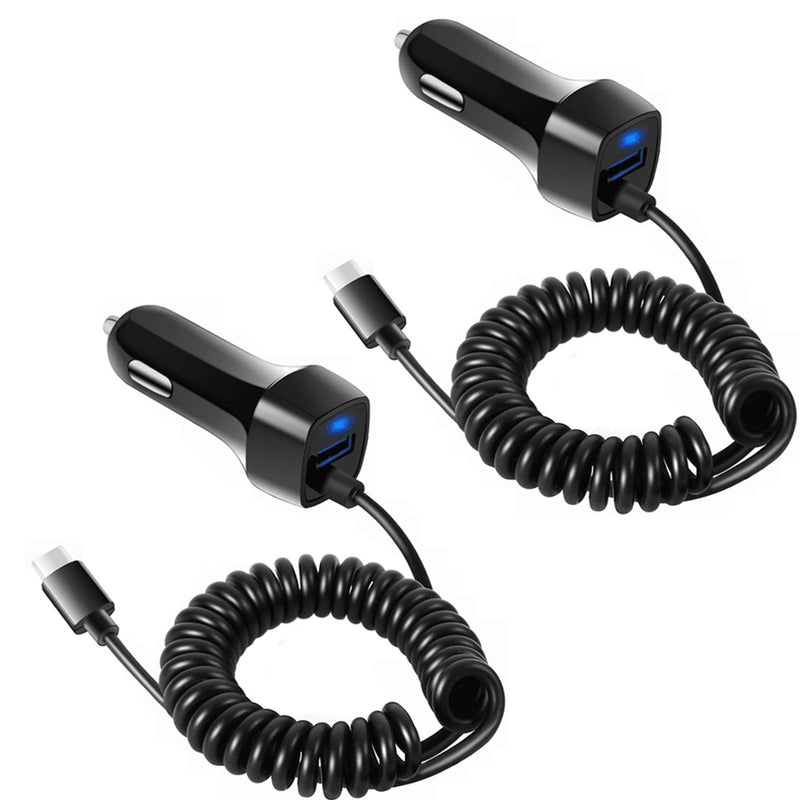  [AUSTRALIA] - 2Pack 2.4A Fast Charging USB C Car Charger Adapter with 3ft Type C Coiled Cable for Samsung Galaxy S20 FE S20 Plus Ultra S10 Lite S10e S9 S8+ A01 A10E A11 A20 A21 A30S A50 A51 5G A71, LG Stylo 6 5 4