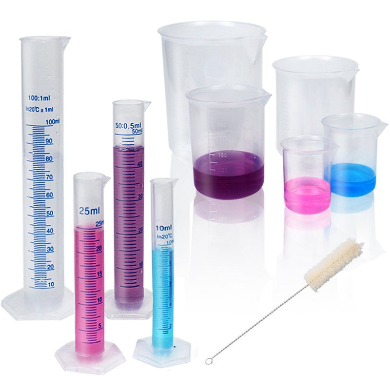 APLANET Plastic Graduated Cylinders and Beakers, 10ml, 25ml, 50ml, 100ml Cylinders with 50ml, 100ml, 250ml, 500ml, 1000ml Beakers and 1 Tube Brush, Ideal for Home and School Science Lab - LeoForward Australia