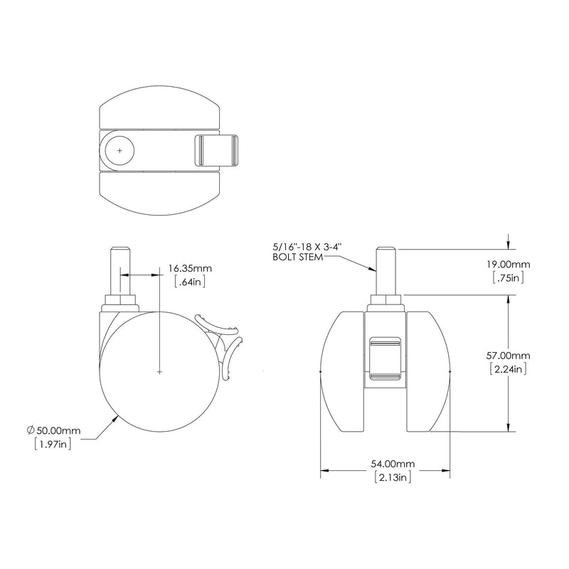  [AUSTRALIA] - 2" Wheel Diameter | Black Nylon Swivel Non Hooded Twin Wheel Furniture Caster with Brake | 5/16-18 x 3/4" Long Threaded Stem | Swivel Radius of 2-1/8" | 4 Pack by Outwater