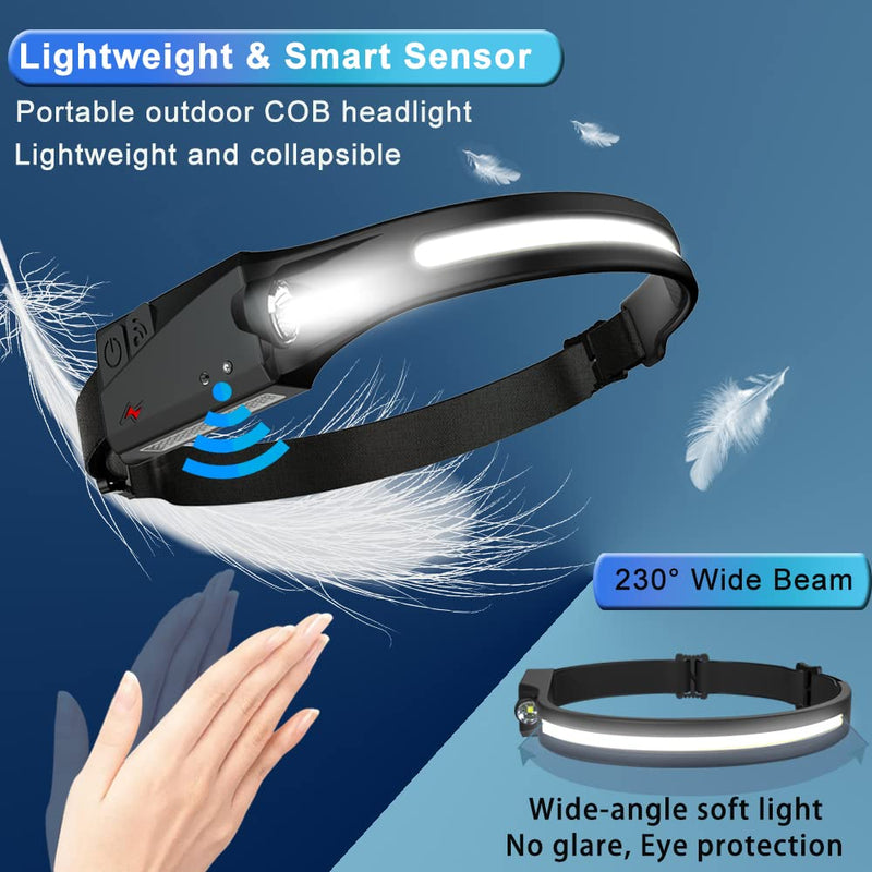  [AUSTRALIA] - Kitchasy Rechargeable Led Headlamp, Wide Beam Lightweight Headlight, 5 Modes Motion Sensor Cob Headlamp, Type-C Charge Waterproof Head Flashlight for Hiking Camping Running Fishing, Black
