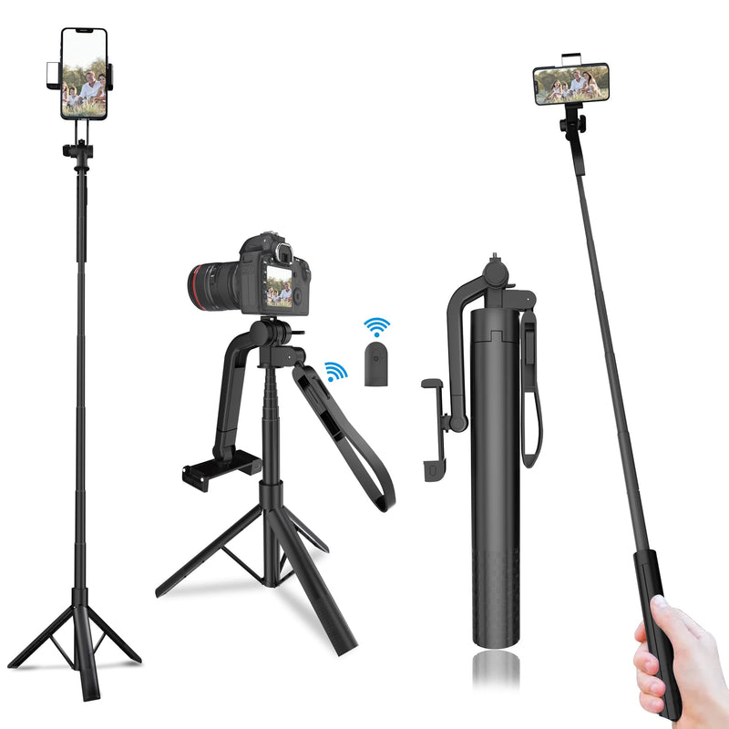  [AUSTRALIA] - 60" Selfie Stick Tripod, Portable Extendable Cell Phone Stand Camera Tripod, Lightweight, Wireless Remote Shutter Phone Tripod with Flash Light for Travel Video Recording Vlog (Black)