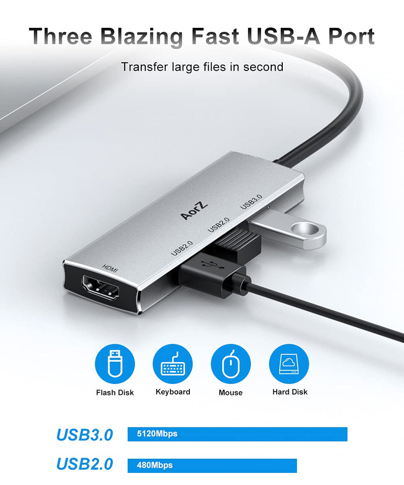 USB C Hub HDMI Adapter, USB C to USB Hub AorZ USB C Dongle 4 in 1 Type C Hub with 4K HDMI, USB 3.0 USB 2.0 Port for MacBook/Pro/Air (Thunderbolt 3)/iPad pro/Air and Type C Devices Grey - LeoForward Australia