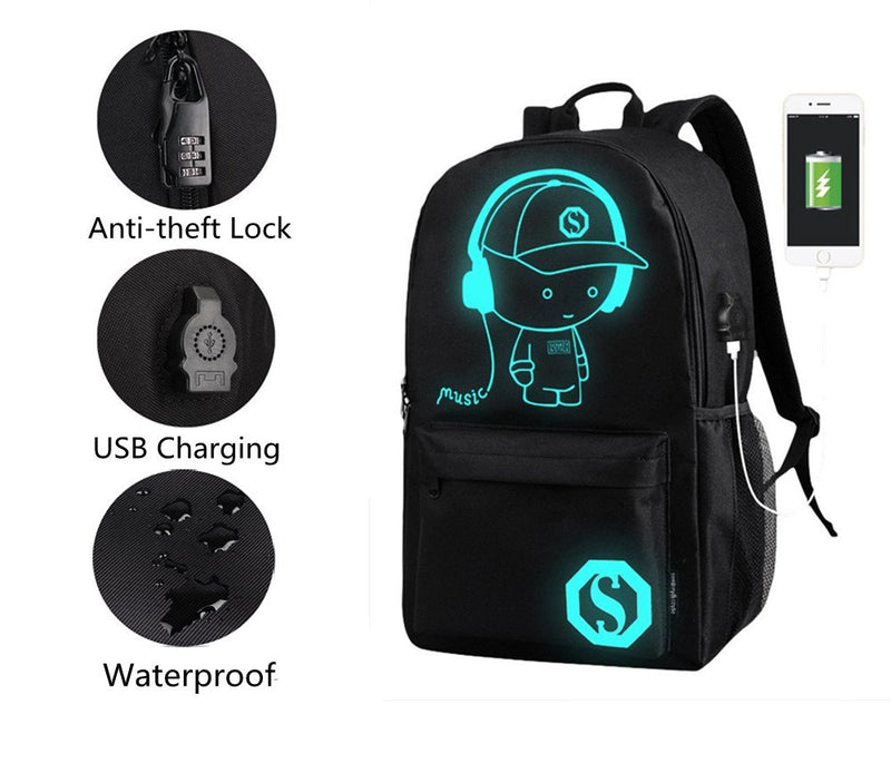 FLYMEI Anime Cartoon Luminous Backpack with USB Charging Port and Anti-theft Lock & Pencil Case, Unisex Fashion College School Bookbag Daypack Travel Laptop Backpack, Black 11.4'' X 6.7'' X 18.9'' Anime Backpack-music - LeoForward Australia