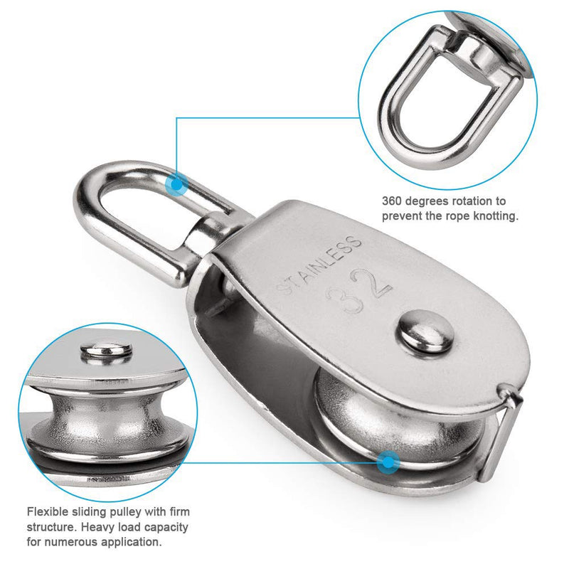  [AUSTRALIA] - 4Pcs M32 Single Pulley Block, Creatiee-Pro Heavy Duty 304 Stainless Steel Pulley Roller Crane Swivel Hook, Wheel Swivel Rigging Lifting Wheel Fixed Pulley for Wire Rope Loading 250kg 4Pcs