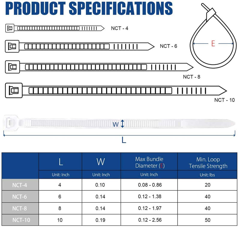  [AUSTRALIA] - Cable Zip Ties 4 Inch, 1000Pcs Industrial Nylon Zip Ties | Durable Self Locking Wire Tie Wraps with 20 lbs Tensile Strength, UV & Heat Resistant for Home Office Garage Multiple Use - White 4" x 1000