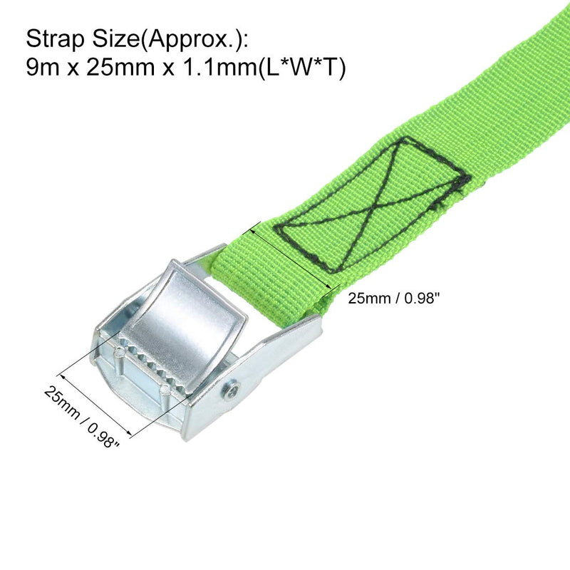  [AUSTRALIA] - uxcell Cam Buckle Tie Down Lashing Strap 9Mx25mm 250Kg Load Cap Polypropylene for Moving Cargo, Green, Pack of 2 9 Meters