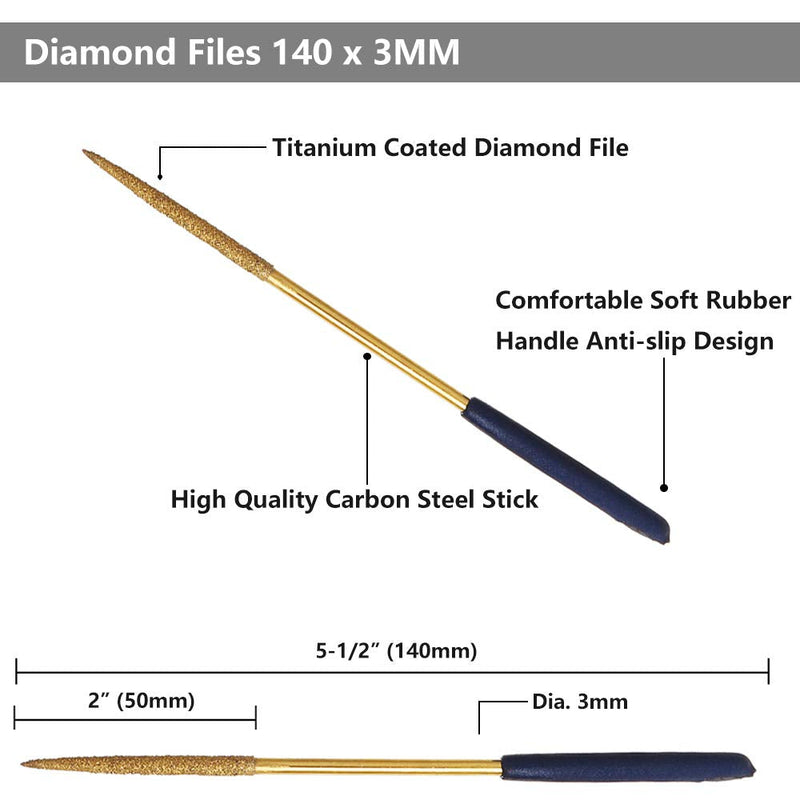  [AUSTRALIA] - Yakamoz 10 Pcs Titanium Coated Mini Diamond File Set Flat Needle Square Round Triangular Shape Rifler Files for Metal Jewelry Glass Wood Carving Sanding Polishing Tool - 3x140mm