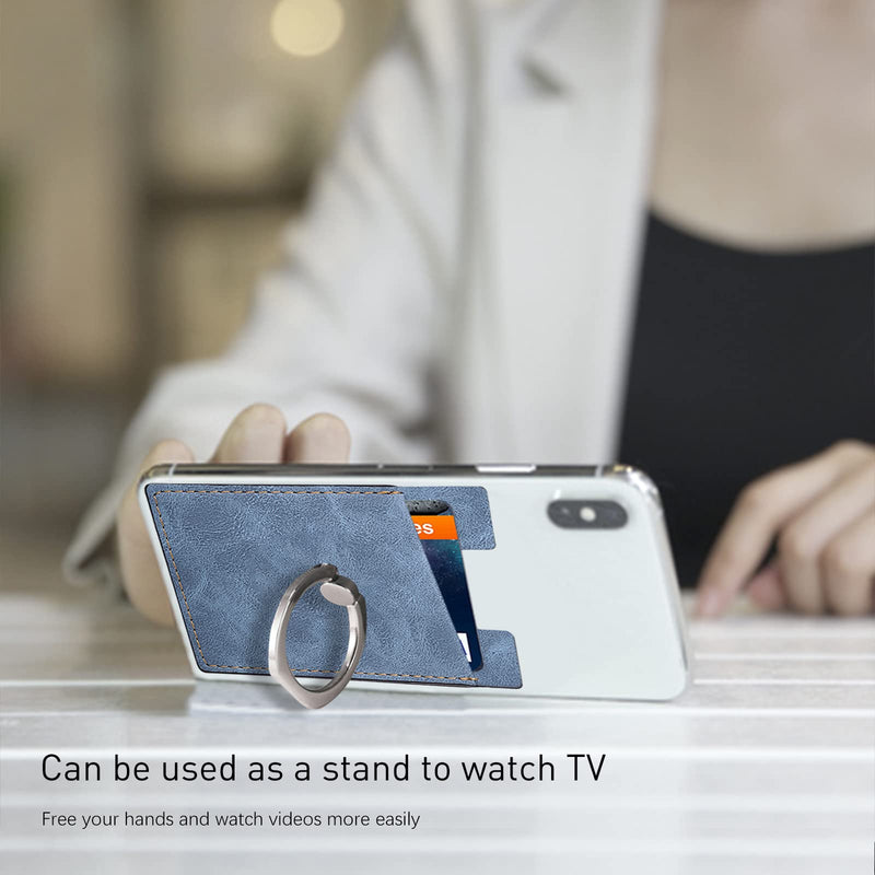  [AUSTRALIA] - Phone Card Holder with Phone Ring, Ring Wallets Combine a Finger Grip, Phone Ring Stand & Credit Card Sleeve into Thin Phone Wallets Stick On Universal to Any Cell Phone - Blue Leather