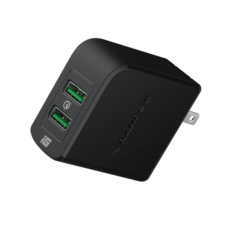  [AUSTRALIA] - Dual USB Wall Charger, RAMPOW 39W Quick Charge 3.0 with Foldable Plug, Fast Charger Compatible with iPhone 11 Pro Max/12 Pro Max/Mini/Xs/XS Max/XR/X/8, iPad, Samsung, HTC, LG and More Black