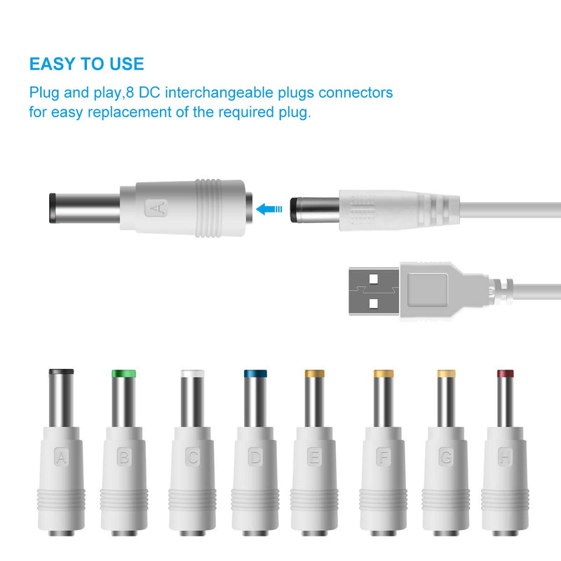  [AUSTRALIA] - LANMU USB to DC Power Cable,8 in 1 Universal 5V DC Jack Charging Cable Power Cord with 8 Interchangeable Plugs Connectors Adapter Compatible with Router,Mini Fan,Speaker and More Devices