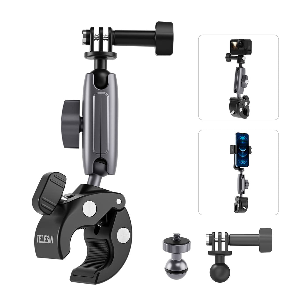  [AUSTRALIA] - Camera Clamp Mount, Aluminum Dual Ball Head Super Claw Monitor Gripper Magic Arm, Bicycle Bike Motorcycle Handlebar Bar Clip Holder for GoPro Insta360 DJI Action 2 Mirrorless SLR