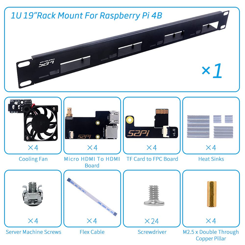 [AUSTRALIA] - GeeekPi 1U Rack Kit 1U Rackmount Supports 1-4 Units with 4pcs Raspberry Pi Fans, Aluminum Heatsinks, Micro HDMI Boards, TF Card to FPC Boards for Raspberry Pi 4B