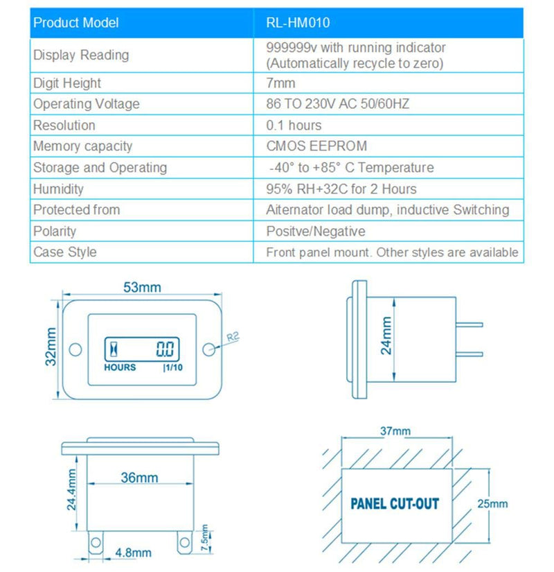  [AUSTRALIA] - Runleader Digital LCD Hour Meter, AC 86V to 230V, Total Hours Resettable, Use for ZTR Lawn Mower Tractor Generator Golf cart Club car Scrubber Marine ATV Motor Compressor and Other Powered Equipment AC 86-230V
