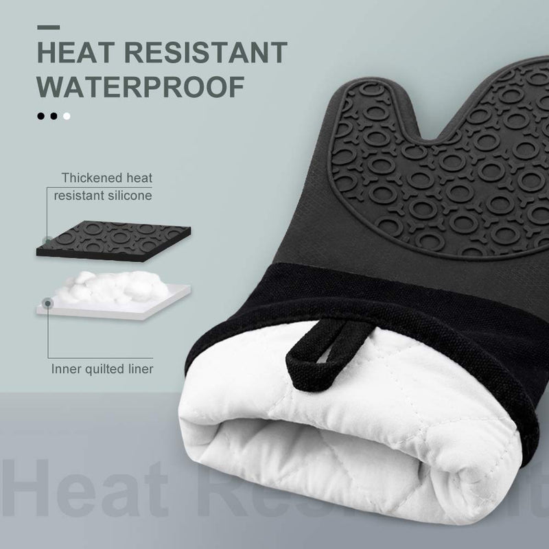  [AUSTRALIA] - Sungwoo Silicone Oven Mitts, Heat Resistant Oven Gloves with Quilted Liner Non-Slip Textured Grip Perfect for BBQ, Baking and Grilling - 13.8 Inch Black 13.8 inches