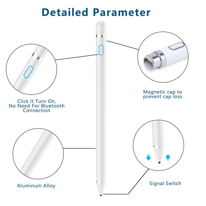  [AUSTRALIA] - Active Stylus Pen for Touch Screens, Rechargeable Pencil Digital Stylus Pen Compatible with iPad and Most Tablet (White) White