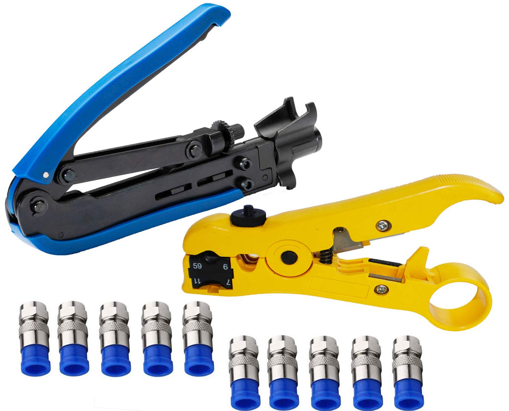  [AUSTRALIA] - Elibbren Coaxial Compression Tool,Coax Cable Crimper Kit Adjustable RG6 RG59 RG11 75-5 75-7 Coaxial Cable Stripper with 10 PCS F Compression Connectors - Blue