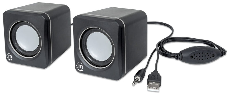  [AUSTRALIA] - Manhattan USB Powered Stereo Speaker System - Small Size - with Volume Control & 3.5 mm Audio Plug to Connect to Laptop, Notebook, Desktop, Computer - 3 Yr Mfg Warranty - Black Silver, 166898