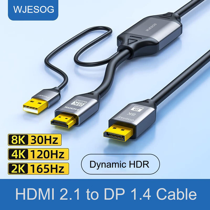  [AUSTRALIA] - WJESOG HDMI to Displayport 8K Cable 6ft with USB Power,HDMI 2.1 Male to DP 1.4 Male Converter Support 8K@30Hz/4K@120Hz/2K/144Hz for Xbox One/PS4/PS5/NS HDMI to DP Cable 8K