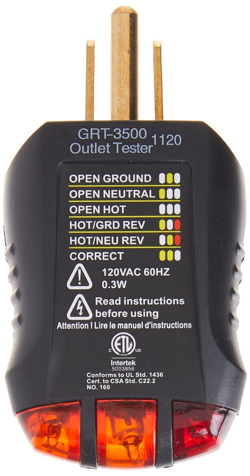  [AUSTRALIA] - Gardner Bender GRT-3500 Outlet Receptacle Tester & Circuit Analyzer, Indicates 5 Wiring Errors, Easy Read Chart, Comfort Grip, 120 VAC , Black Receptacle & Circuit Analyzer