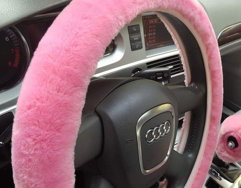  [AUSTRALIA] - IBAIOU Universal 3Pcs Set Plush Steering Wheel Cover for Women Faux Wool Hand Brake Cover&Gear Cover Set Warm Winter car Styling Interior (Pink for Manual) pink for Manual
