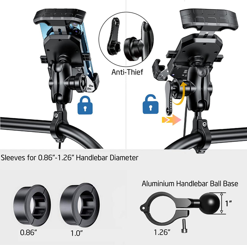  [AUSTRALIA] - iMESTOU Anti-Theft Motorcycle Wireless Phone Mount Charger 15W & USB C 3A Handlebar 1" Ball Stem Phone Holder Works with 12V/24V Vehicle/USB Socket 720 Rotation Quick Charge for 4.0-7.0" Cellphones Double Socket Arm-Wireless & USB C Charge