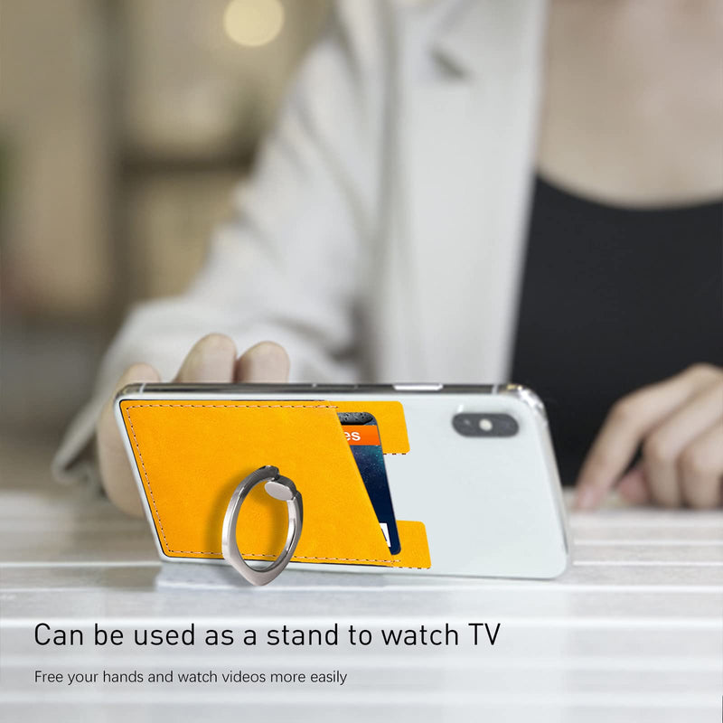  [AUSTRALIA] - Phone Card Holder with Phone Ring, Ring Wallets Combine a Finger Grip, Phone Ring Stand & Credit Card Sleeve into Thin Phone Wallets Stick On Universal to Any Cell Phone - Bright Yellow