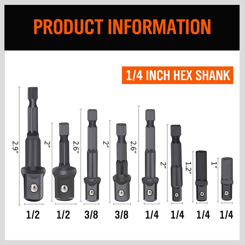  [AUSTRALIA] - HORUSDY 8-Piece Power Drill Sockets Adapter Sets, Hex Shank Impact Driver Socket Adapter, Socket to Drill Adapter 1/4" 3/8" 1/2" Impact Driver Adapter