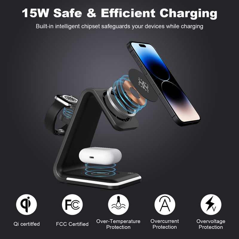  [AUSTRALIA] - Magnetic Wireless Charger,HATALKIN 3 in 1 Wireless Charging Station for Multi Devices Apple Products 15W Fast MagSafe Charger Stand for iPhone 14 13 Pro Max Mini iWatch 8 Ultra SE 7 6 5/4/3/2 AirPods Black