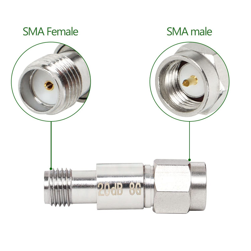  [AUSTRALIA] - XRDS -RF SMA Male to SMA Female Coaxial RF Attenuator, DC to 8 GHz, 50Ohm, 2W, 20dB Constant Attenuator（2PCS）