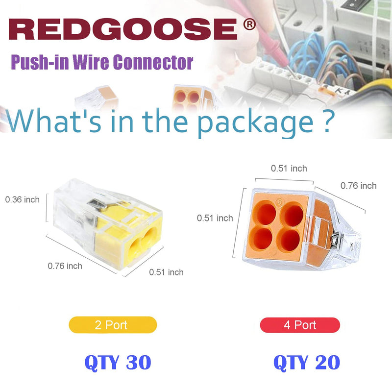  [AUSTRALIA] - REDGOOSE 50PCS Push-in Wire Connector 20-12AWG Wire Nuts (2Port 30pcs,4Port 20PCS) 2/4Port Kit