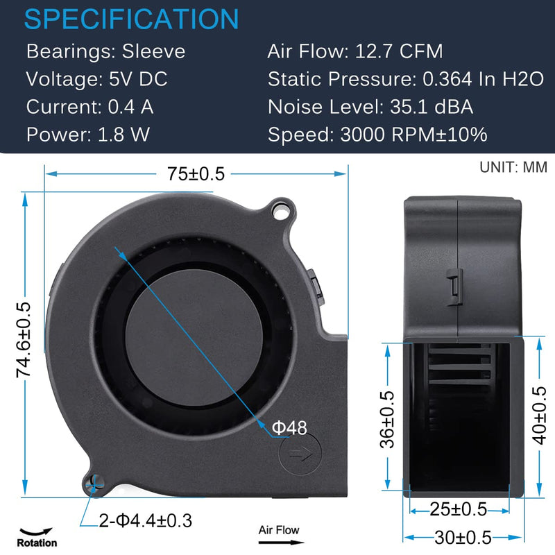  [AUSTRALIA] - GDSTIME 7530 Blower Fan, 75mm Blower Fan, 75mm x 30mm 5V 2PIN DC Brushless Cooling Blower Fan