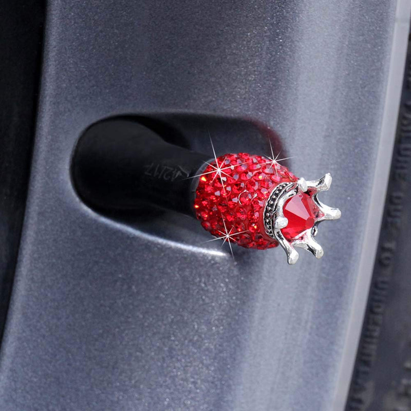  [AUSTRALIA] - Valve Stem Caps, 4 Pack Handmade Crystal Rhinestone Universal Car Tire Valve Caps Chrome,Attractive Dustproof Bling Car Accessories - Red Diamond Crown