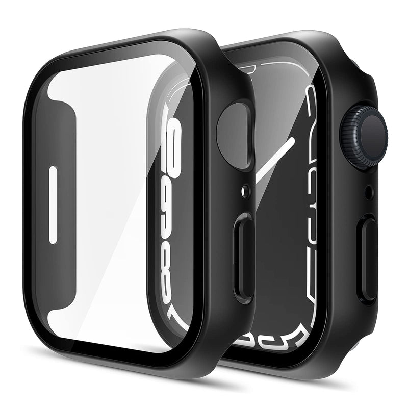  [AUSTRALIA] - TAURI 2 Pack Hard Case Designed for Apple Watch Series 8/7 45mm, Built-in 9H Tempered Glass Screen Protector, [Full Protection] [Touch Sensitive] Slim Bumper [HD Clear] Cover for iWatch 45mm-Black Black