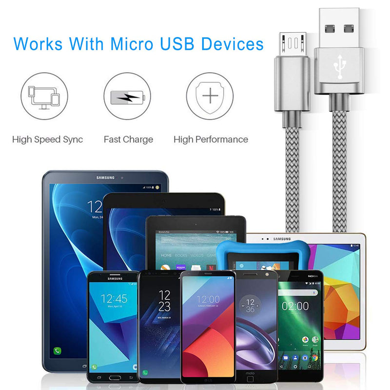  [AUSTRALIA] - Micro USB Charger Cable 3-Pack (3.3/6.6/10FT),Nylon Braided Charging Power Cord for Samsung Galaxy S7 S6 Edge Plus S6+ 7 6,Note 5,PS4,Xbox One Controller,Fire TV Stick,Intel Computer,Roku,Chromecast Silver