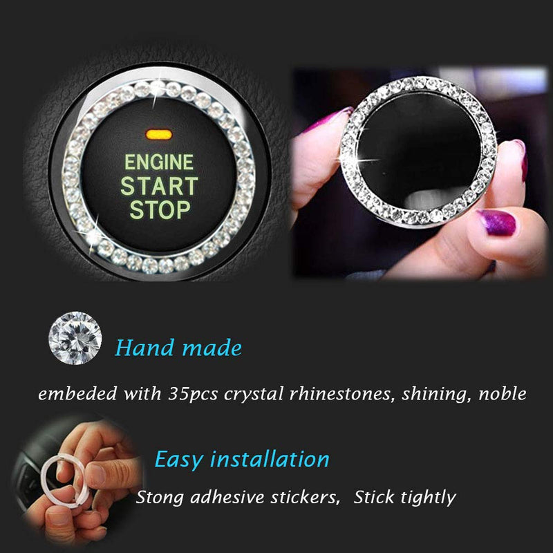 Earthland 2Pcs Crystal Rhinestone Ring for Car Decor, Auto Engine Start Stop Decoration Crystal Interior Ring Decal for Vehicle Ignition Button-Silvery Silver - LeoForward Australia