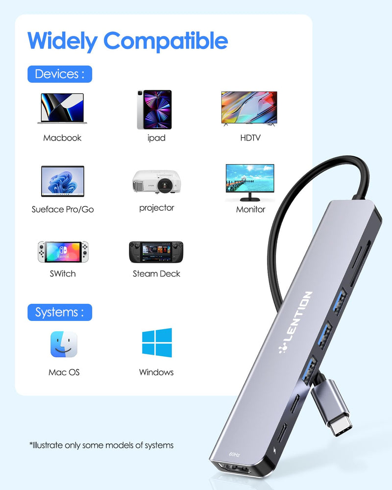  [AUSTRALIA] - LENTION 8-in-1 USB-C Hub with 4K 60Hz HDMI, 100W Power Delivery, 5Gbps USB C Data, 3 USB 3.0 and microSD & SD Card Reader for 2023-2016 MacBook Pro, New Mac Air/Surface, More (CB-CE18s, Space Gray)