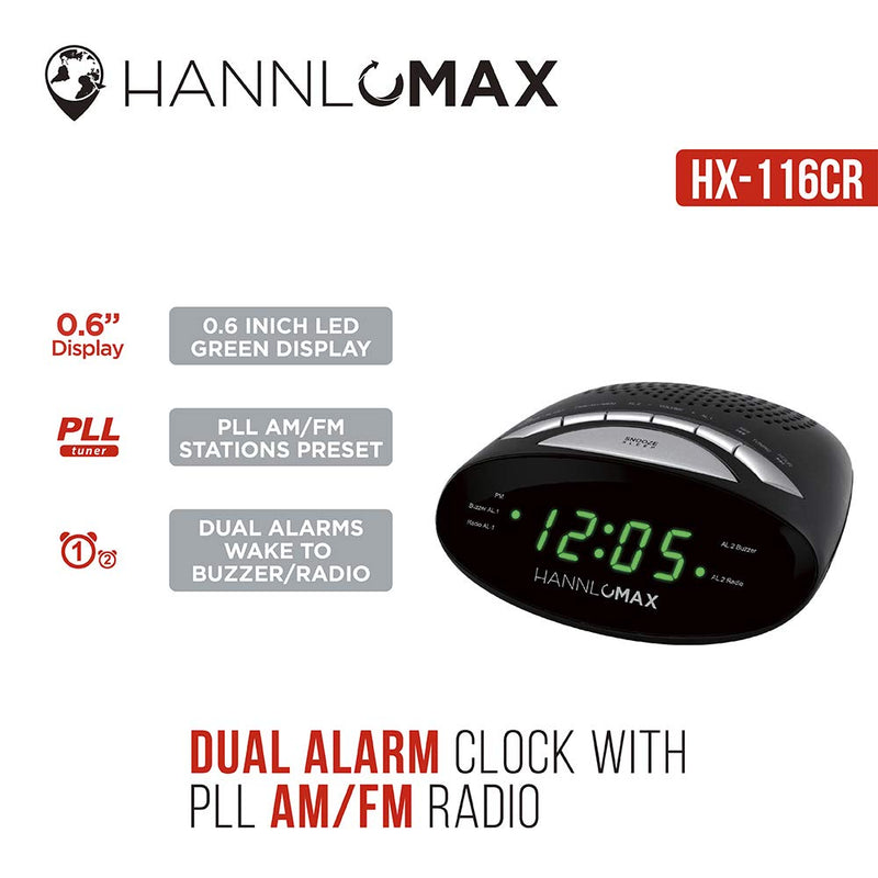 HANNLOMAX HX-116CR Alarm Clock Radio, PLL AM/FM Radio, Dual Alarm, 0.6" Green LED Display (Black) - LeoForward Australia