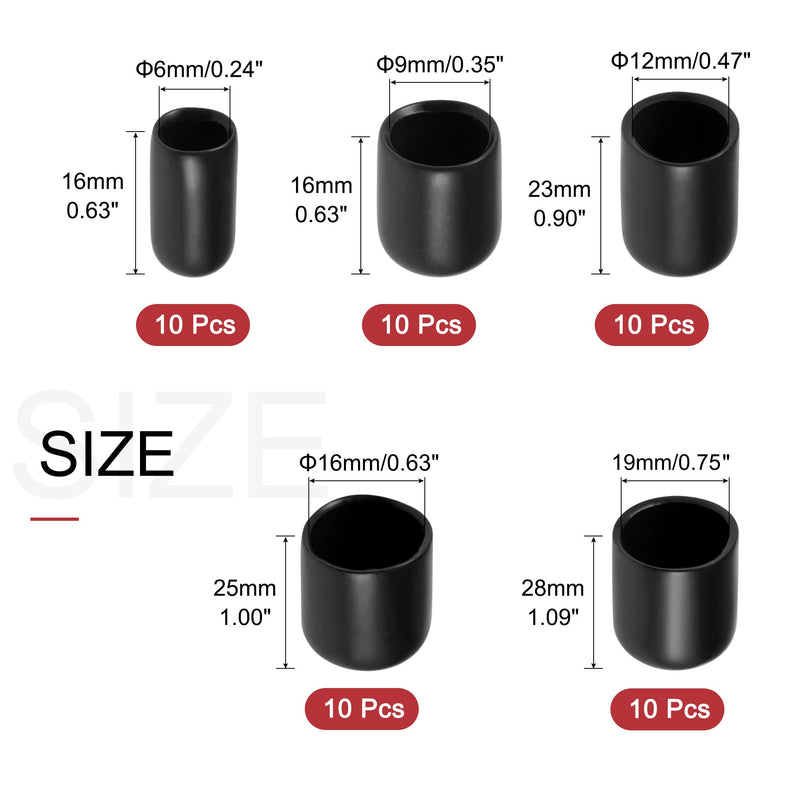  [AUSTRALIA] - uxcell 50pcs Round Rubber End Caps 1/4" 3/8" 1/2" 5/8" 3/4" Black Vinyl Cover Screw Thread Protectors Assortment Kit