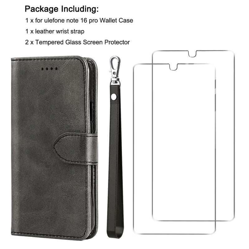  [AUSTRALIA] - for Ulefone Note 16 Pro Case and Tempered Glass Screen Protector,PU Leather Flip Cover Wallet Phone Case Protector [Full Protection][Card Slots][Kickstand] for Ulefone Note 16 Pro 6.52”, Black