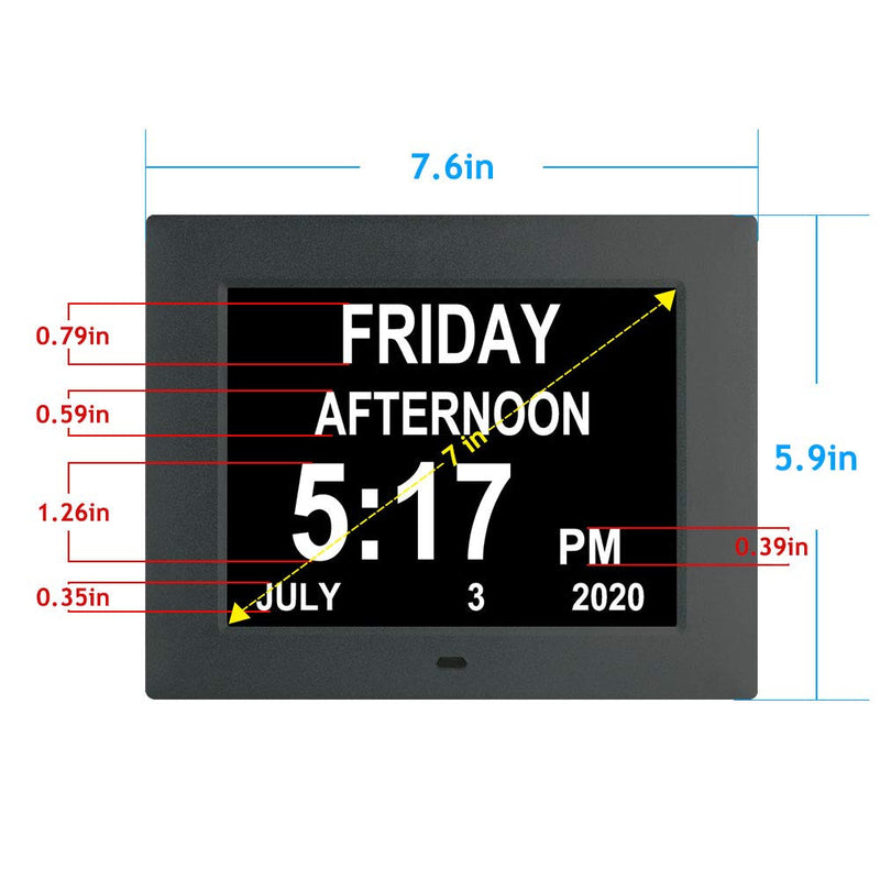  [AUSTRALIA] - Johnziny 7inch-Digital Calendar Day Clock- 8 Alarms Auto-Dim Battery Backup Extra Large Non-Abbreviated Dementia Clocks Alzheimer Memory Loss Vision Impaired Alarm Clock for Seniors Elderly(Black)