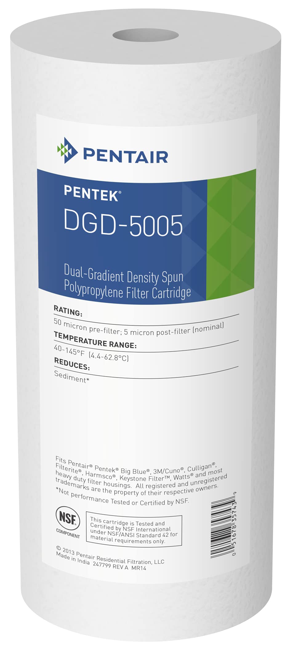  [AUSTRALIA] - Pentair Pentek DGD-5005 Big Blue Sediment Water Filter, 10-Inch, Whole House Heavy Duty Dual-Gradient Density Spun Polypropylene Replacement Filter Cartridge, 10" x 4.5", 5 Micron Pack of 1