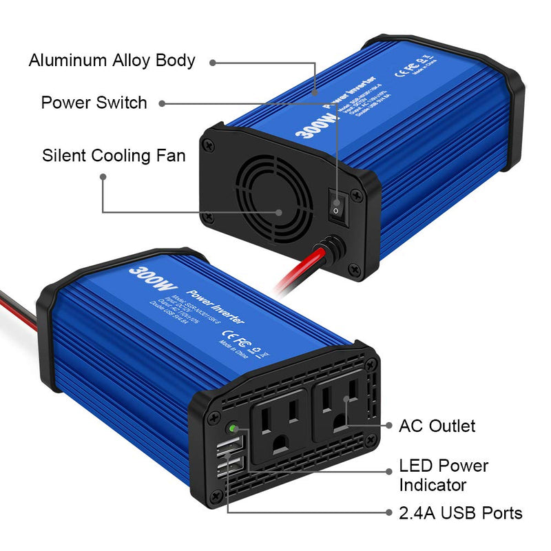  [AUSTRALIA] - 300W Power Inverter DC 12V to 110V AC Car Charger Converter with 4.8A Dual USB Ports (Blue)